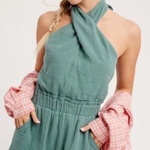 Listicle Sage Green lined romper jumper with pockets, halter top